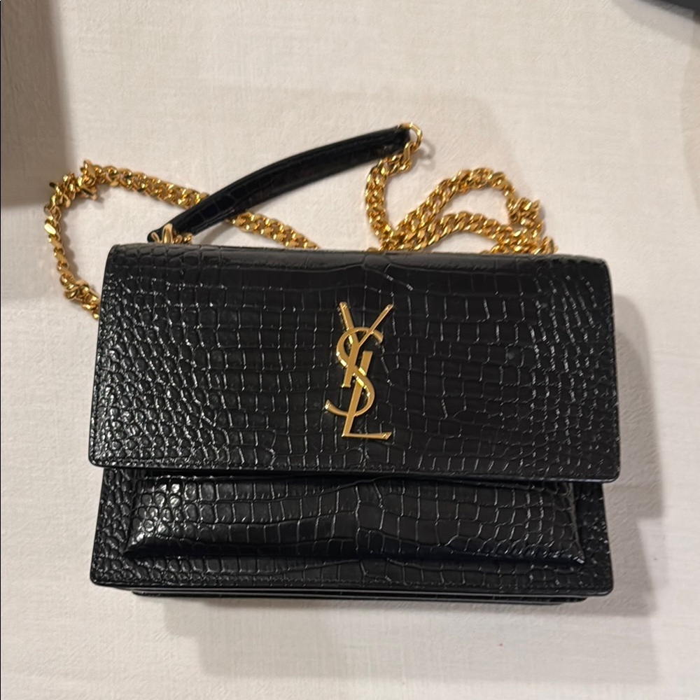 Yves Saint Laurent Black Croc-Embossed Leather Bag